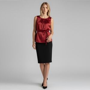 BCBGMaxAzria Vibrant Dark Orange Sleeveless Blouse with Pleats and Tie Waist